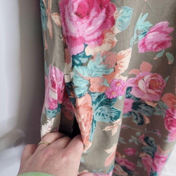 VINTAGE 90s dress‎ tan floral cottagecore rayon maxi with pockets M - Picture 4 of 10